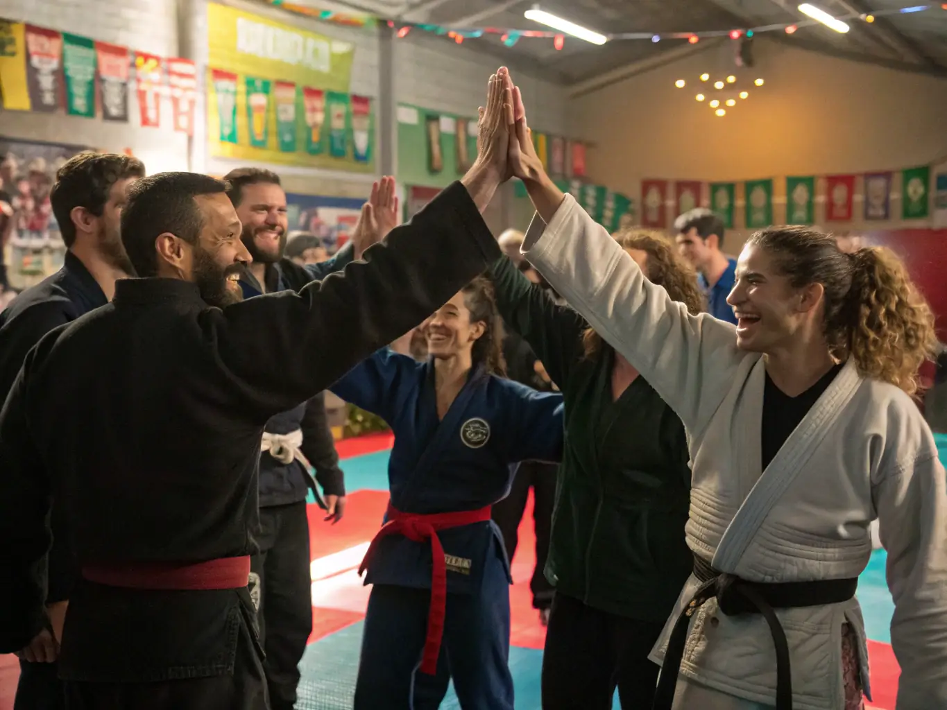 A diverse group of Aikido practitioners participating in a community event, showcasing the inclusive and community-focused aspect of AIKI NO MICHI.