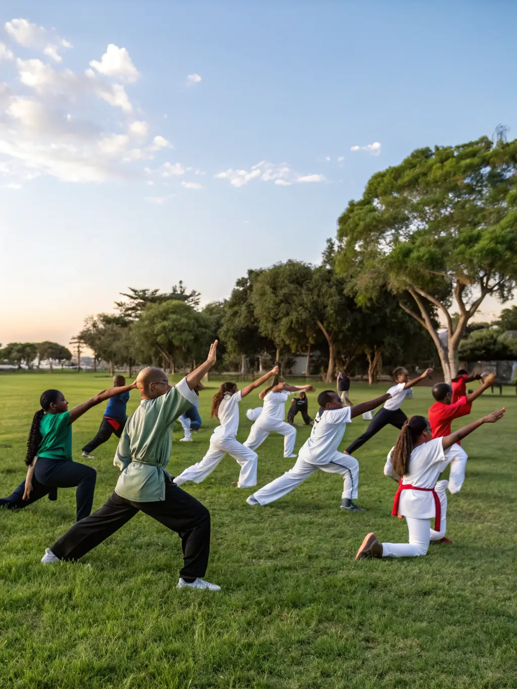 Aikido practitioners of all ages and skill levels participating in a community demonstration at a local event organized by AIKI NO MICHI.