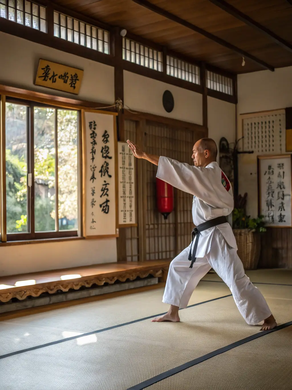 A focused image of an Aikido practitioner demonstrating a precise technique, emphasizing the discipline and control required in Aikido.