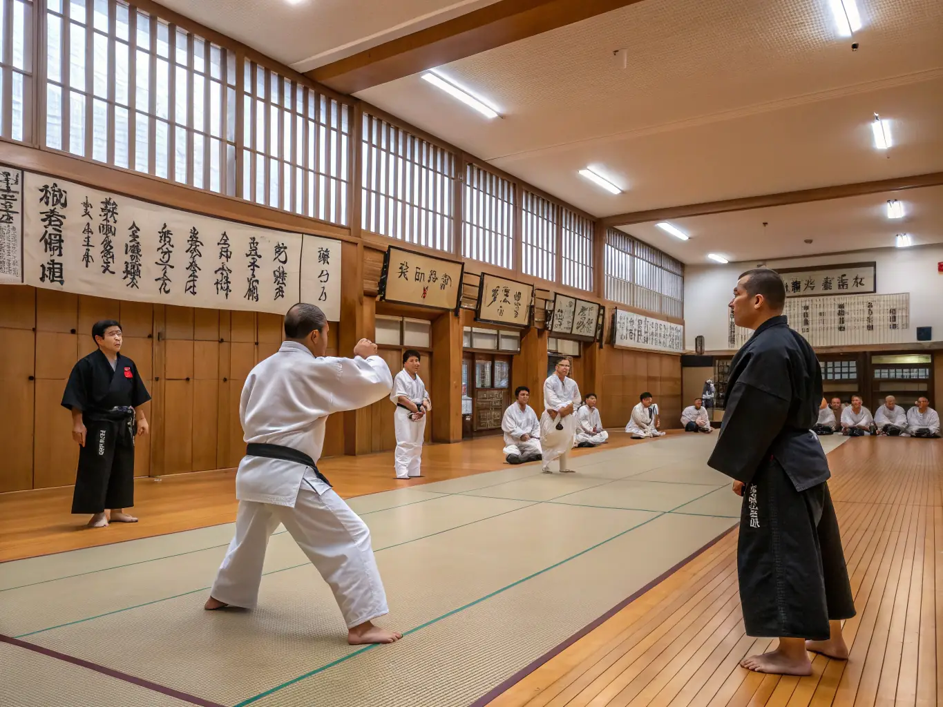 An image of adults practicing advanced Aikido techniques, showcasing the intensity and focus of the adult training sessions.