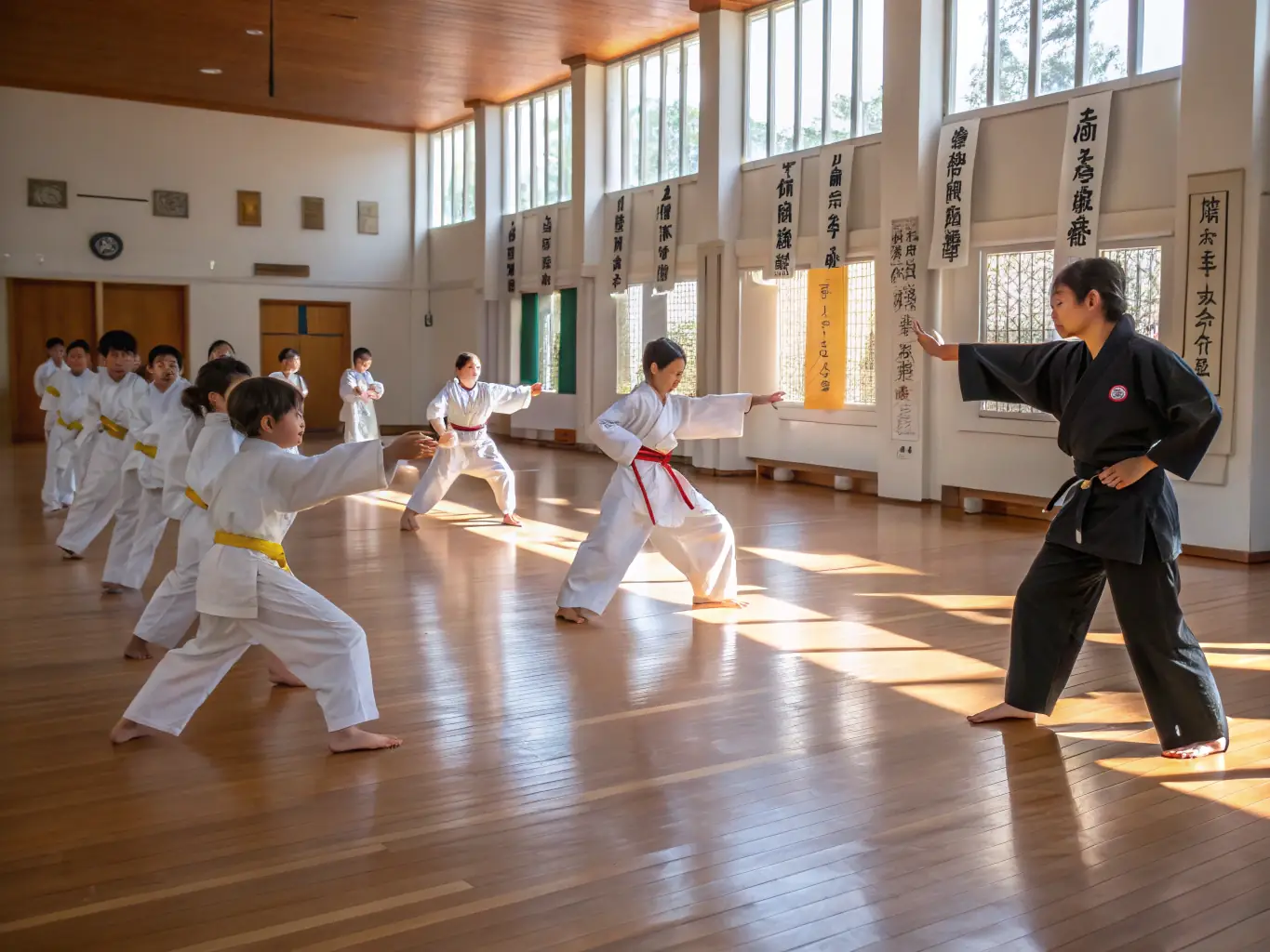 A group of children practicing Aikido techniques under the guidance of an instructor in a traditional dojo setting, showcasing the youth program at AIKI NO MICHI.