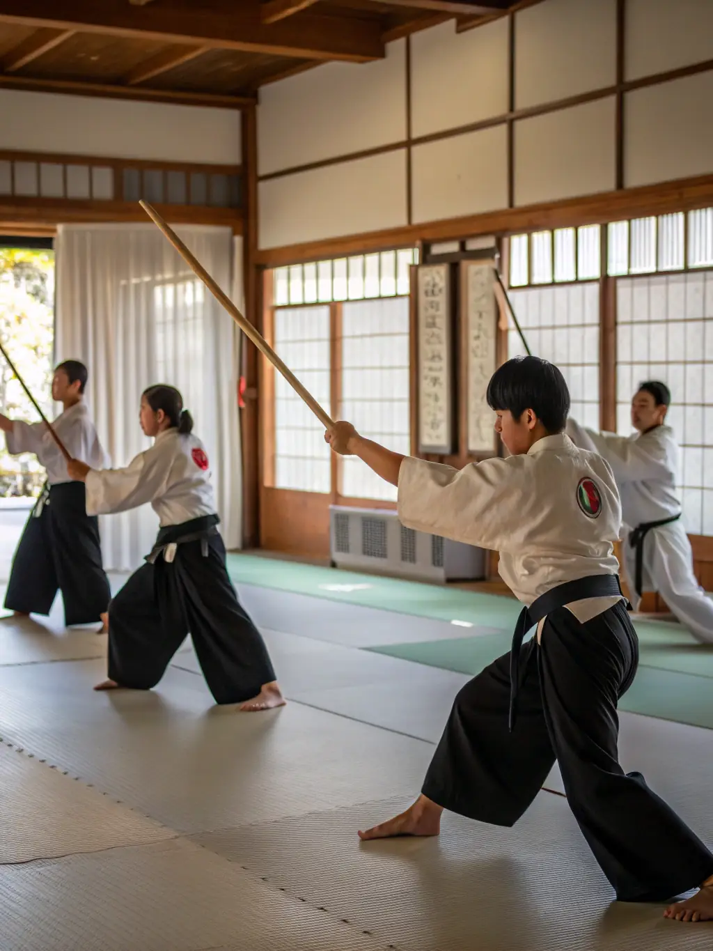 A diverse group of Aikido practitioners participating in a weapons training session (bokken, jo) at AIKI NO MICHI.