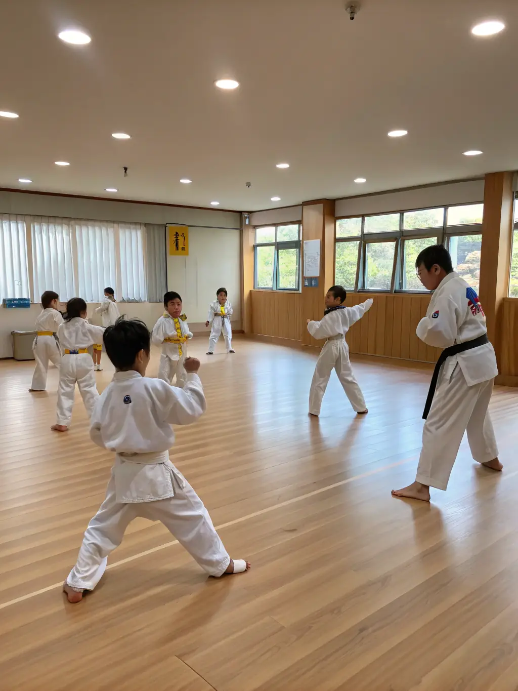 A group of children practicing Aikido techniques under the guidance of an instructor at AIKI NO MICHI, demonstrating the youth program.