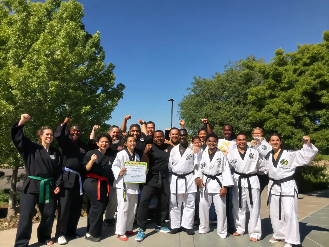 A diverse group of AIKI NO MICHI members of different ages and backgrounds laughing and interacting after a training session, highlighting the community aspect.
