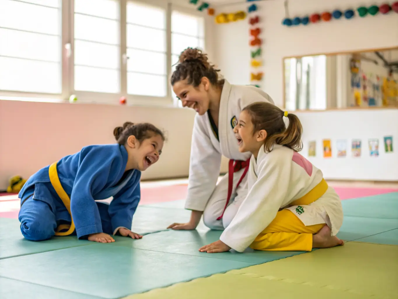 A dynamic image of children practicing basic Aikido stances in a dojo, with an instructor guiding them, emphasizing the fun and engaging aspects of the kids' program.