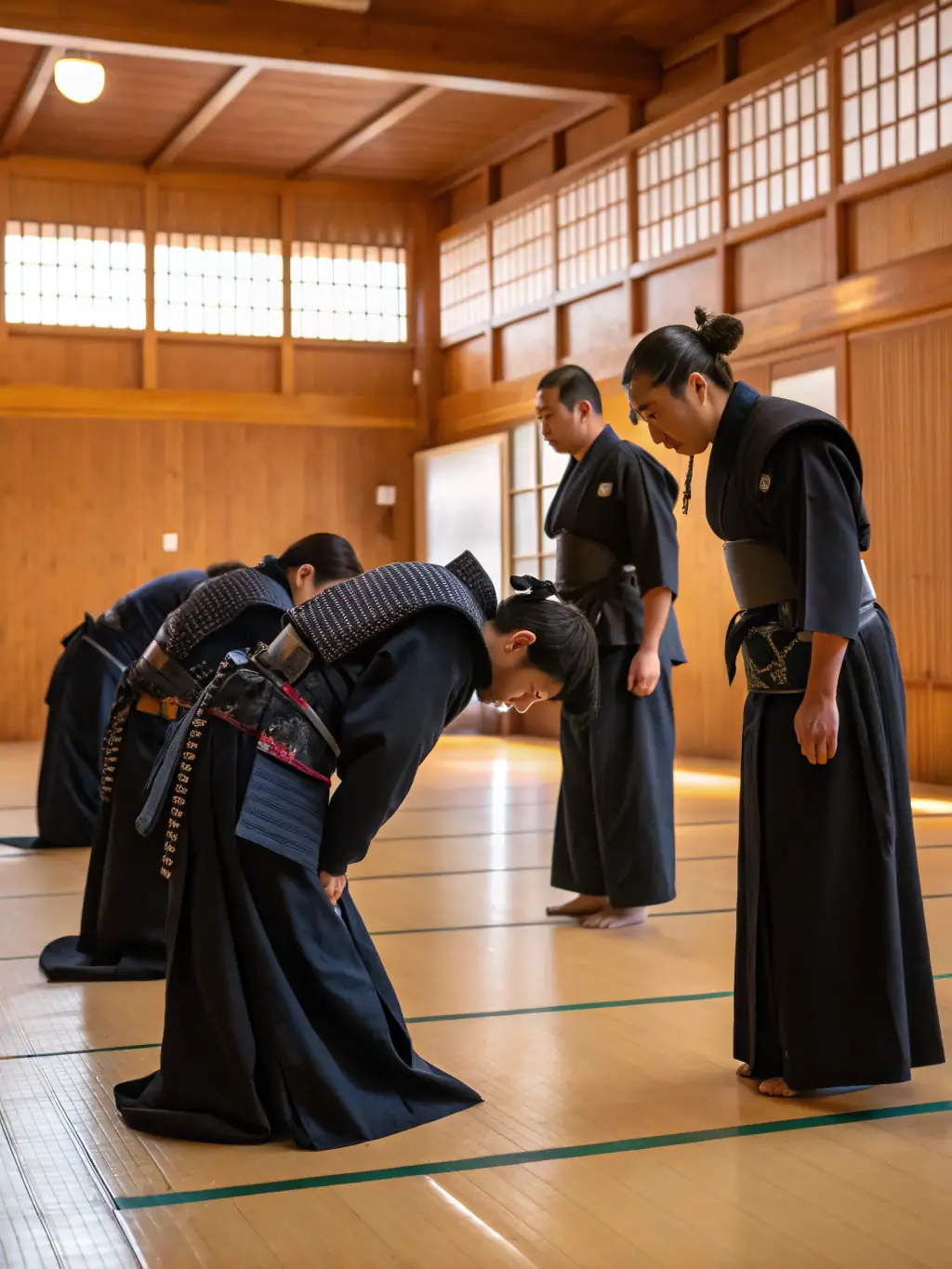 A group of Aikido students bowing to their instructor, showcasing the respect and mutual understanding within the dojo.