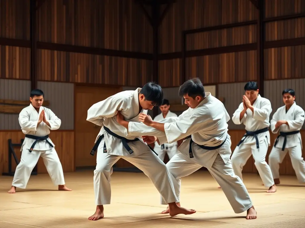 Adults practicing Aikido in a dojo, demonstrating various stances and movements, highlighting the adult program at AIKI NO MICHI.