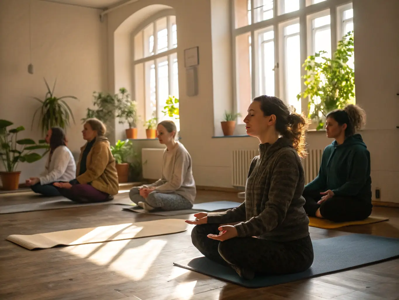 A serene image of participants engaged in a mindfulness and meditation session related to Aikido, highlighting the mental and spiritual aspects of the practice.