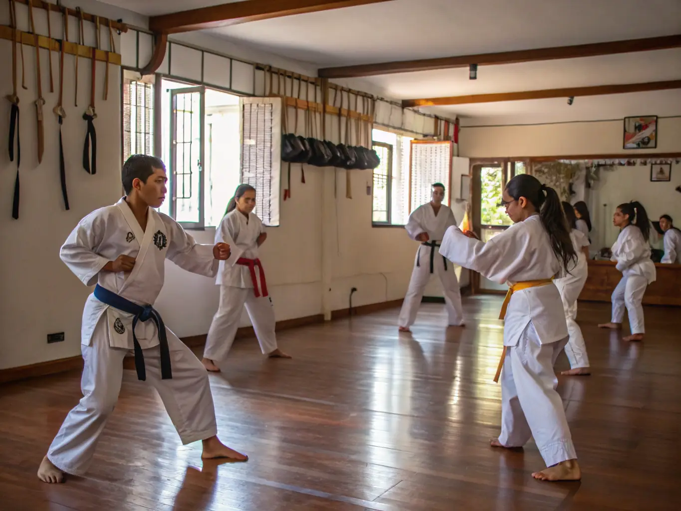 A group of AIKI NO MICHI members practicing a synchronized Aikido technique in a dojo, showcasing their discipline and coordination.